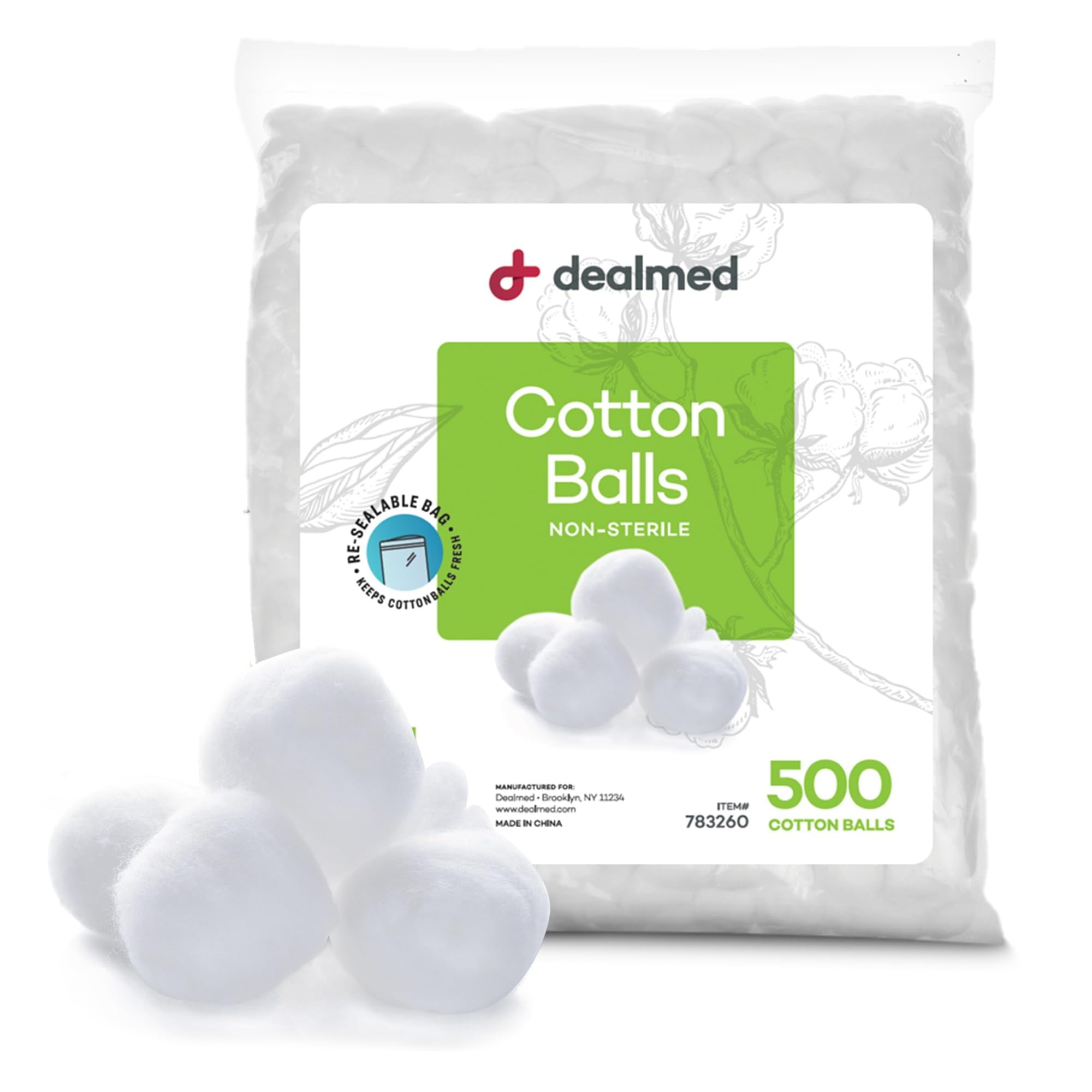 Dealmed Cotton Balls for OIF8Face, Makeup & Nail Polish Medical Uses, & DIY Crafts | Non-Sterile Bulk Pack | Resealable Zip-Locked Bag | 100% Pure Cotton - Soft, Absorbent, Gentle (500 per Bag)