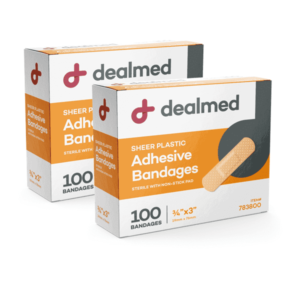 Dealmed 3" x 3/4" Sheer Plastic Flexible Adhesive Bandages – Non-Stick Pad, Latex Free, Wound Care for First Aid Kit, 100 Count (2 Pack)