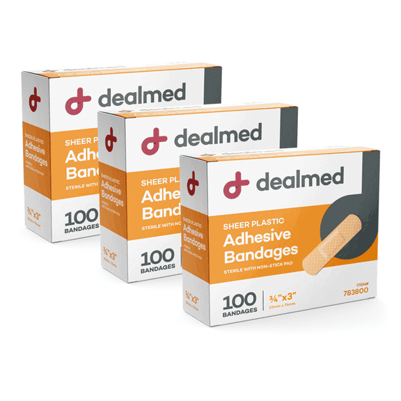 Dealmed 3" x 3/4" Sheer Plastic Flexible Adhesive Bandages – Non-Stick Pad, Latex Free, Wound Care for First Aid Kit, 100 Count (3 Pack)
