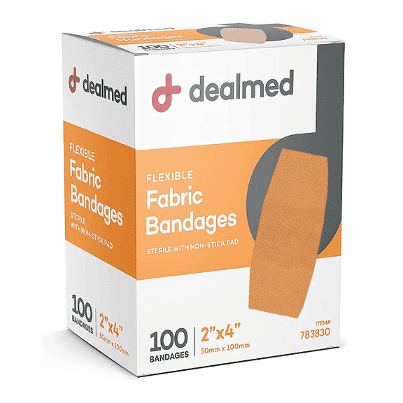 Dealmed Fabric Adhesive Bandages with Sterile Non-Stick Pad, 2" x 4" Size, 100/Box (Pack of 1)