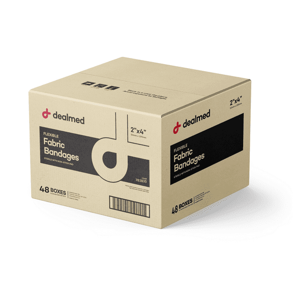 Dealmed Fabric Adhesive Bandages with Sterile Non-Stick Pad, 2" x 4" Size, 50/Box (Case of 48)