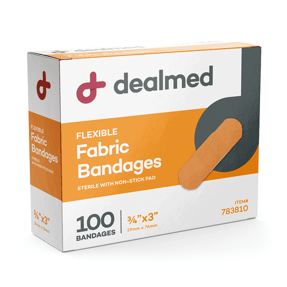 Dealmed Fabric Adhesive Bandages with Sterile Non-Stick Pad, 3/4" x 3", 100 Count (1 Pack)
