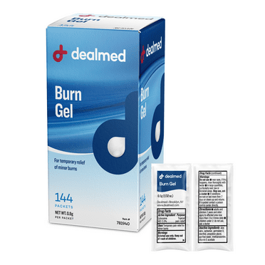 Dealmed First Aid Burn Gel – Made in the USA - 0.9 gm foil, First Aid Gel for Temporary Relief of Minor Burns, Cuts, and Scrapes, 144 Per Box (1 Box)