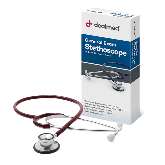 Dealmed General Exam Stethoscope | Professional Economy Dual-Head Stethoscope with Chestpiece, Tubing & Eartips, Burgundy (1 Count)