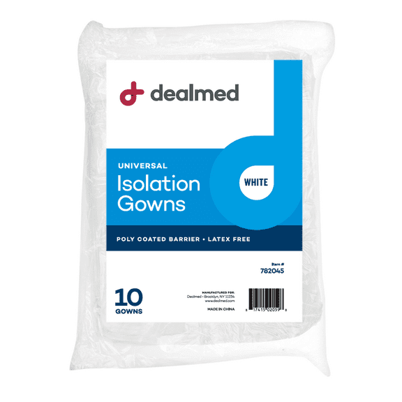 Dealmed Isolation Gowns, Lightweight, Disposable, Poly-Coated Barrier, White, Pack of 10