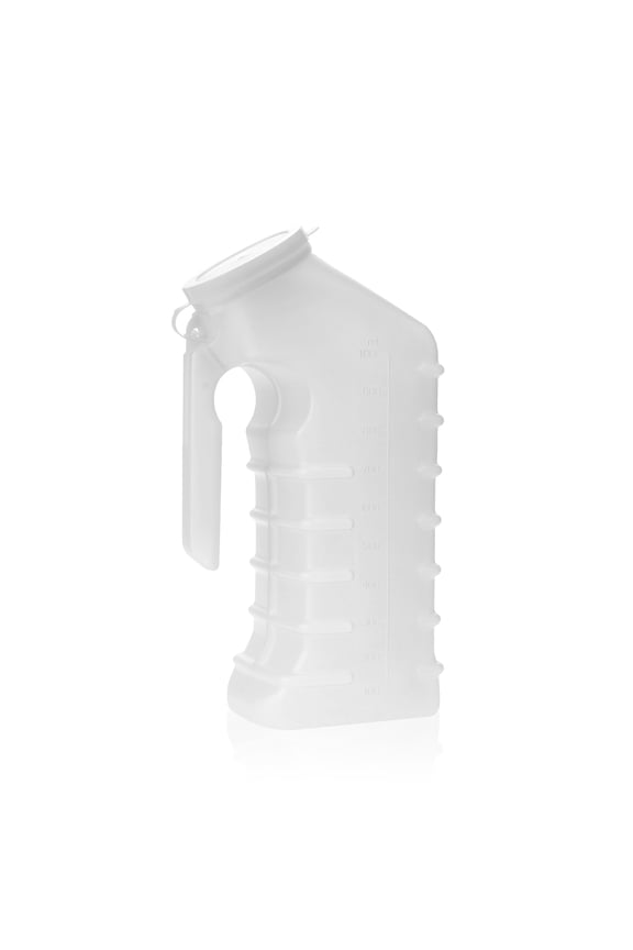 Male Urinal with Attached Cover, Translucent Portable Receptacle, Shields Odors and Avoids Spills, 1000 cc, 1 Count