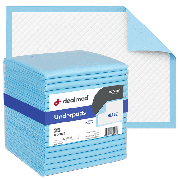 Dealmed Moderate Absorbency Disposable Medical Underpads, 2-Ply Tissue Fill, 23" x 36”, Blue, 25 Count (1 Pack)