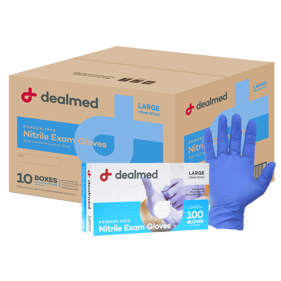Dealmed Nitrile Exam Gloves – 100 Count Disposable, Non-Irritating, Latex Free Gloves, Multi-Purpose for First Aid and Medical Facilities (Large, Case of 10)