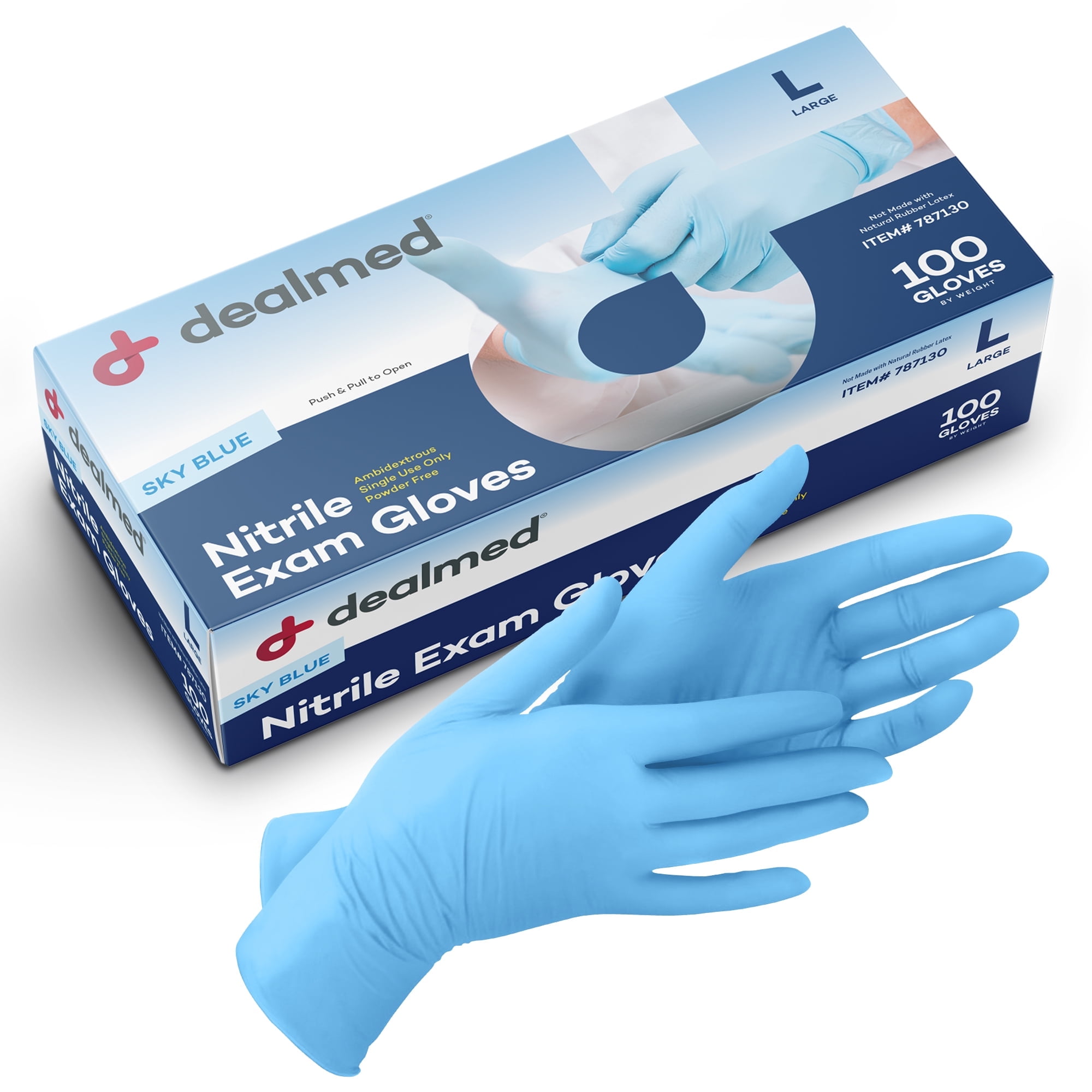 Dealmed Nitrile Medical Exam Gloves, Powder-Free, Latex-Free, Disposable for Food Prep, Cleaning, Tattoo, Beauty, Medical, Sky Blue, Large, 100/Box (Pack of 1)