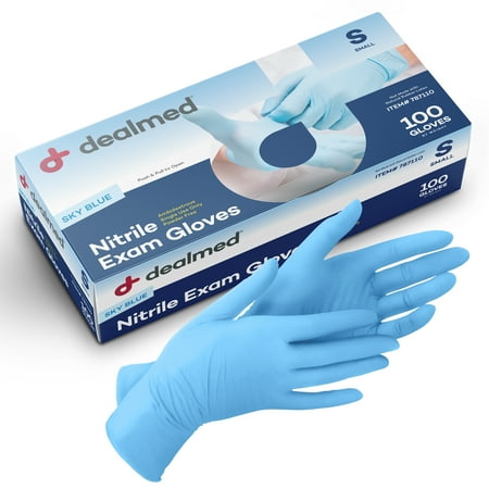 Dealmed Nitrile Medical Exam Gloves, Powder-Free, Latex-Free, Disposable for Food Prep, Cleaning, Tattoo, Beauty, Medical, Sky Blue, Small, 100/Box (Pack of 1)
