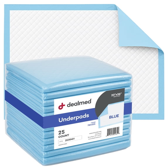 Dealmed Premium Absorbency Disposable Medical Underpads, 2-Ply Tissue Fill, 23" x 36”, Blue, 25 Count (1 Pack)
