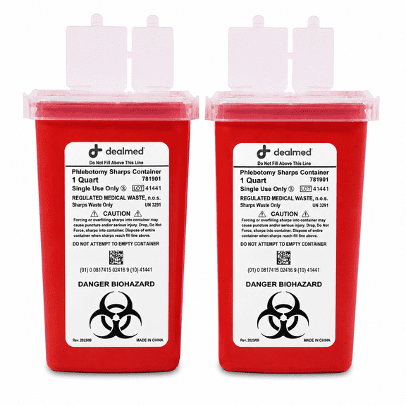 Dealmed Sharps Container, 1 Quart Flip Lid, Red (Pack of 2)