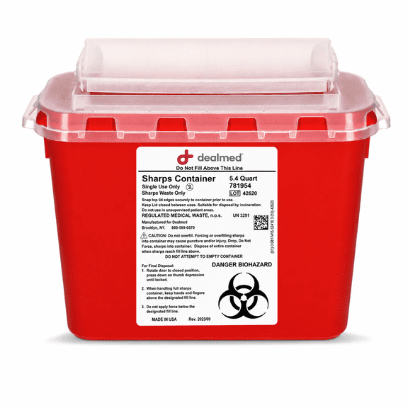 Dealmed Sharps Container, 5.4 Quart Rotor Lid, Red (Pack of 1)