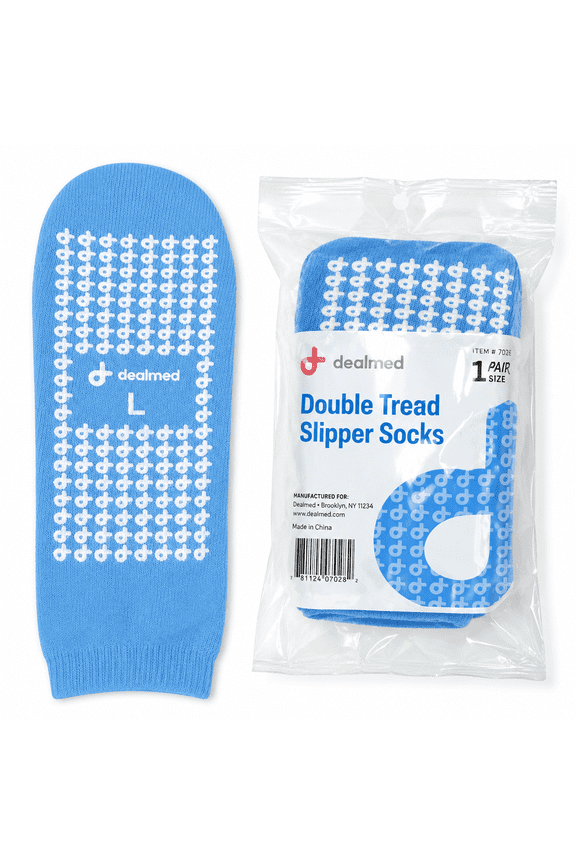 Double Tread Slipper Socks with Elastic Cuff, Grippy Traction with Safety Tread (Blue, Large, 1 Pair)
