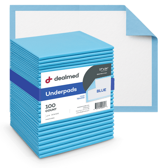 Dealmed Standard Absorbency Disposable Medical Underpads, 2-Ply Tissue Fill, 17" x 24”, Blue, 100 Count (1 Pack)