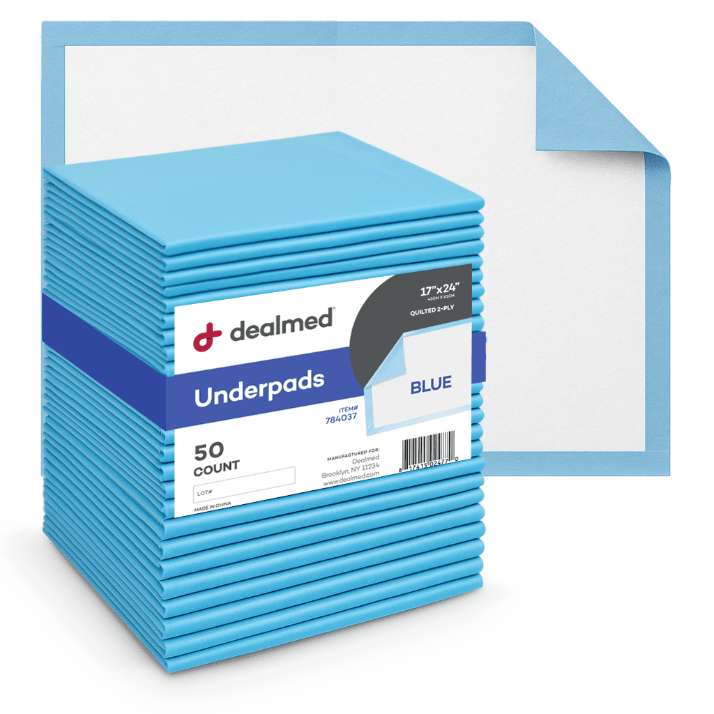 Dealmed Standard Absorbency Disposable Medical Underpads, 2-Ply Tissue Fill, 17" x 24, Blue, 50 Count (1 Pack)