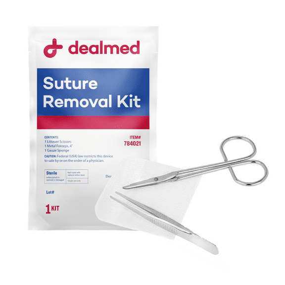 Dealmed Sterile Suture Removal Kit with Scissor, Forceps, and Gauze Sponge, Single-Use, 50 Kits