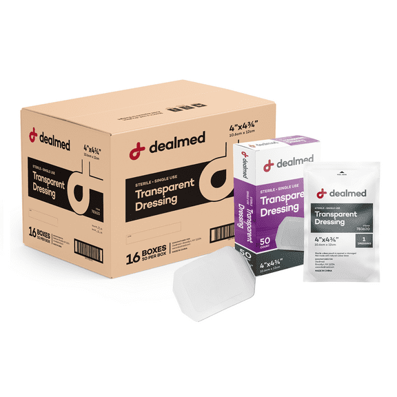 Dealmed Transparent Semi-Permeable Dressing – Sterile, 4" x 4¾”, Transparent Dressings with Easy Two-Step Application, 50 Per Box (Pack of 16)