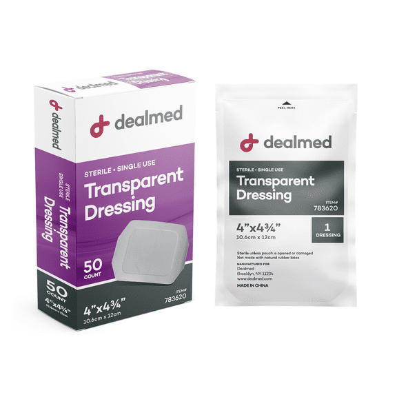 Dealmed Transparent Semi-Permeable Dressing, Sterile, 4" x 4¾”, Easy Two-Step Application, 50/Box (Pack of 1)