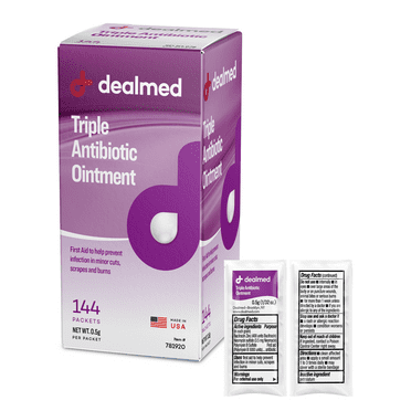 Dealmed Triple Antibiotic Ointment – Made in the USA, Instant Relief from Cuts, Scrapes and Burns, 0.9 gm UD, 144 Packets per Box (1 Box)