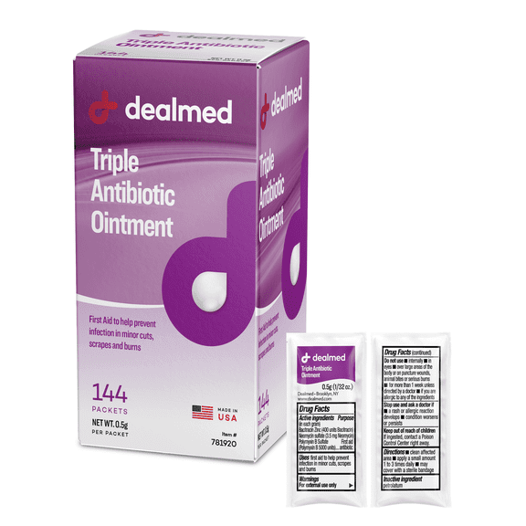 Dealmed Triple Antibiotic Ointment  Made in the USA, Instant Relief from Cuts, Scrapes and Burns, 0.9 gm UD, 144 Packets per Box (1 Box)