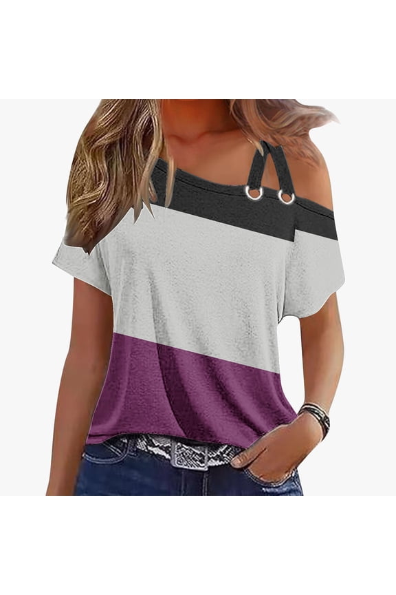 1 Shoulder Tops for Women Summer Drop Shoulder Short Sleeve Fitting Comfy Mod Long Tops Trendy