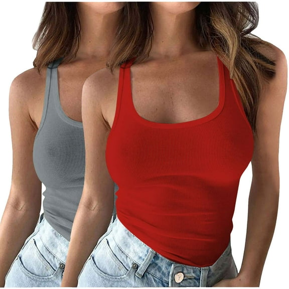 Dealovy 2 Pack Plus Size Tank Tops for Women Ribbed Knit Slim Fitted Camis Sleeveless Base Layer T Shirts