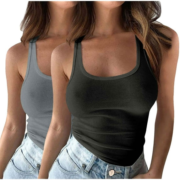 Dealovy 2PC Plus Size Tank Tops for Women Ribbed Knit Slim Fitted Camis Sleeveless Base Layer T Shirts