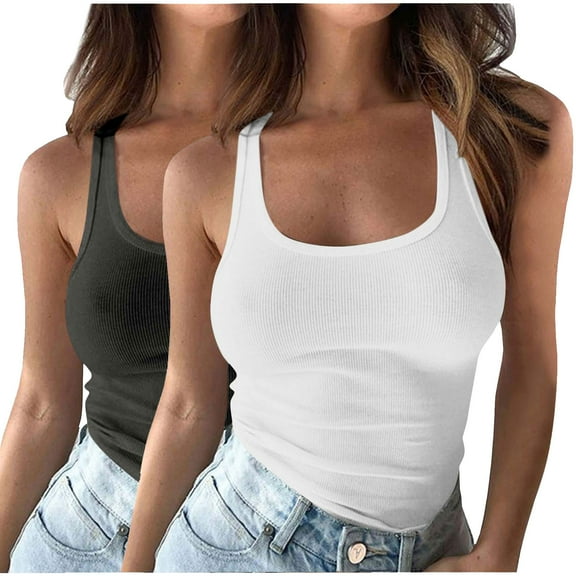 Dealovy 2pc Plus Size Tank Tops for Women Ribbed Knit Slim Fitted Camis Sleeveless Base Layer T Shirts