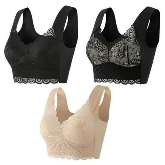 Dealovy 3PC Plus Size Bras for Women Wireless Push up Bras Lace Floral Full Coverage Wide Strap T-Shirt Bras