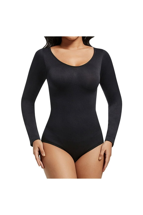 Bodysuit for Women Long Sleeve Shirts Belly Control Crewneck Slim Fitted Shapewear Base Layer Jumpsuits