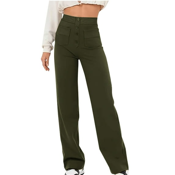 Dealovy Business Causal Pants for Women High Waist Button Trousers Solid Color Pull on Straight Tube Pants with Pockets