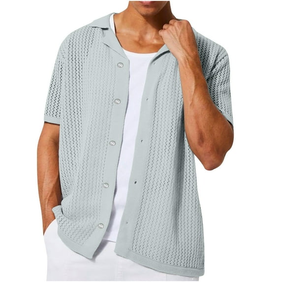 Dealovy Button down Shirts for Men Collared Drop Shoulder Hollow out Shirts Short Sleeve Summer Beach Travel Tops,Gray,L