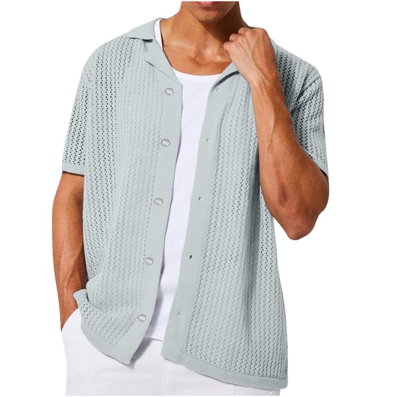 Dealovy Button down Shirts for Men Collared Drop Shoulder Hollow out Shirts Short Sleeve Summer Beach Travel Tops,Gray,XL