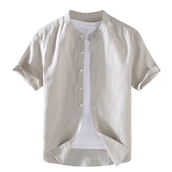 Dealovy Button down Shirts for Men Collared Short Sleeve Loose Shirts Summer Travel Casual Work Tops,Beige,S