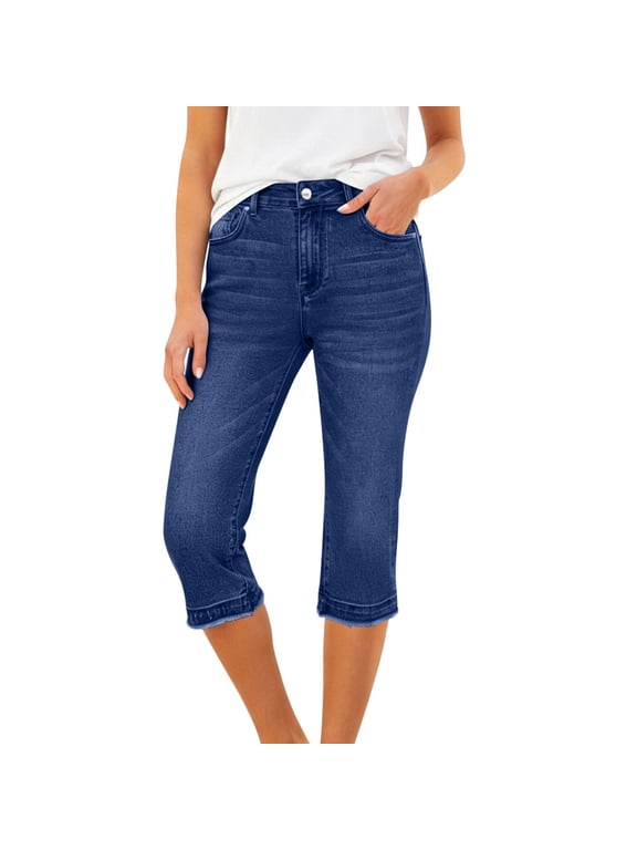Capri Leggings for Women Elastic Mid Waist Stretchy Ripped Crop Pants Skinny Casual Summer Denim Capris