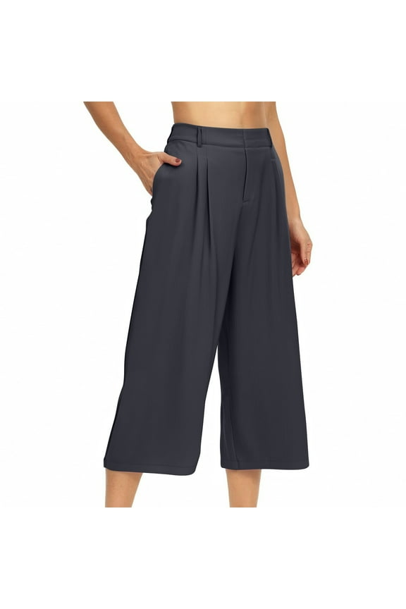 Capri Pants for Women Wide Leg Dress Cropped Pants with Pockets Cross Loose Casual Work Trousers