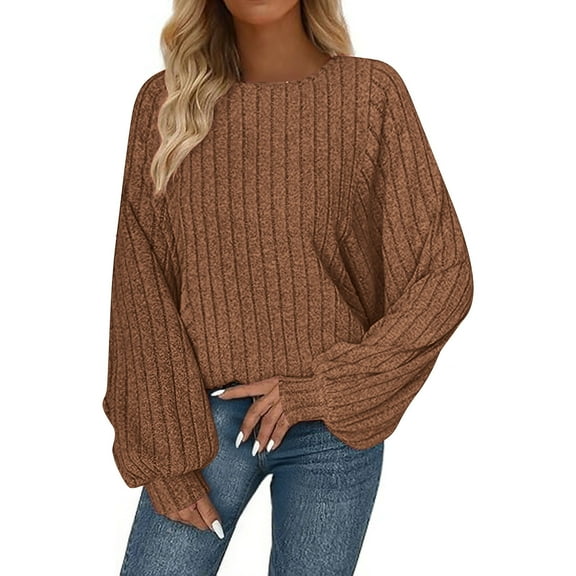 Dealovy Casual Crewneck Tops for Women Loose Solid Color Long Sleeve Oversized Pullover Ribbed Sweater Winter Outfit