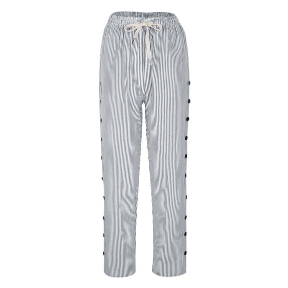 Dealovy Casual Pants for Women Elastic Waist Drawstring Cotton Linen Trousers Loose Fitted Striped Pull on Button Pants with Pockets