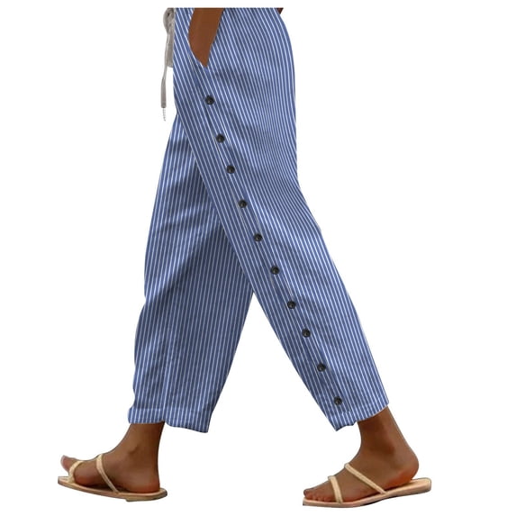 Dealovy Casual Pants for Women Elastic Waist Drawstring Cotton Linen Trousers Loose Fitted Striped Pull on Button Pants with Pockets