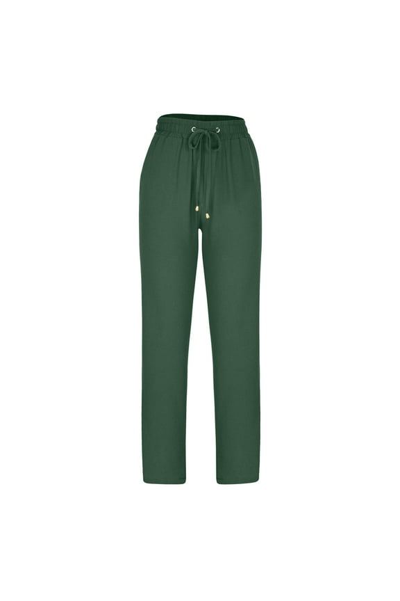 Casual Pants for Women Elastic Waist Drawstring Cotton Linen Trousers Solid Pull on Going out Pants with Pockets