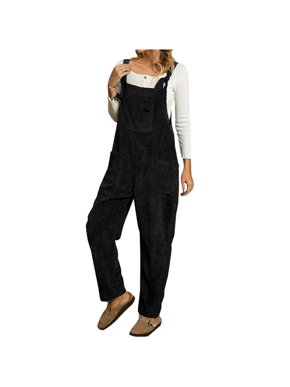 Corduroy Jumpsuits for Women Fleece Rompers Fall Winter Casual Long Pants Solid Color Overalls