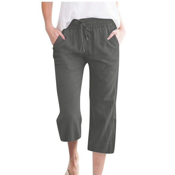 Dealovy Cotton Linen Capri Pants for Women Casual Elastic Loose Solid Color Lightweight Cropped Trousers with Pocket