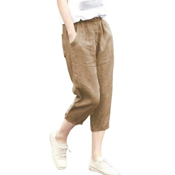 Dealovy Cotton Linen Capri Pants for Women Casual Summer Drawstring Elastic Waisted Straight Leg Cropped Trouser