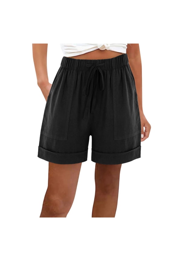 Cotton Linen Shorts for Women Loose Plain Summer Drawstring Elastic Waist Shorts with Pockets