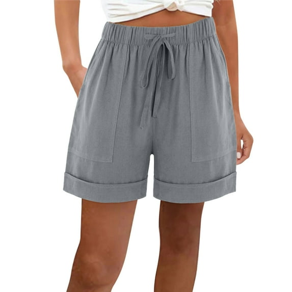 Dealovy Cotton Linen Shorts for Women Loose Plain Summer Drawstring Elastic Waist Shorts with Pockets