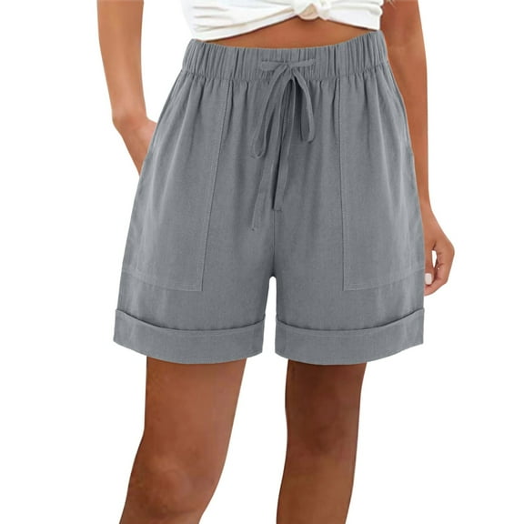 Dealovy Cotton Linen Shorts for Women Loose Plain Summer Drawstring Elastic Waist Shorts with Pockets