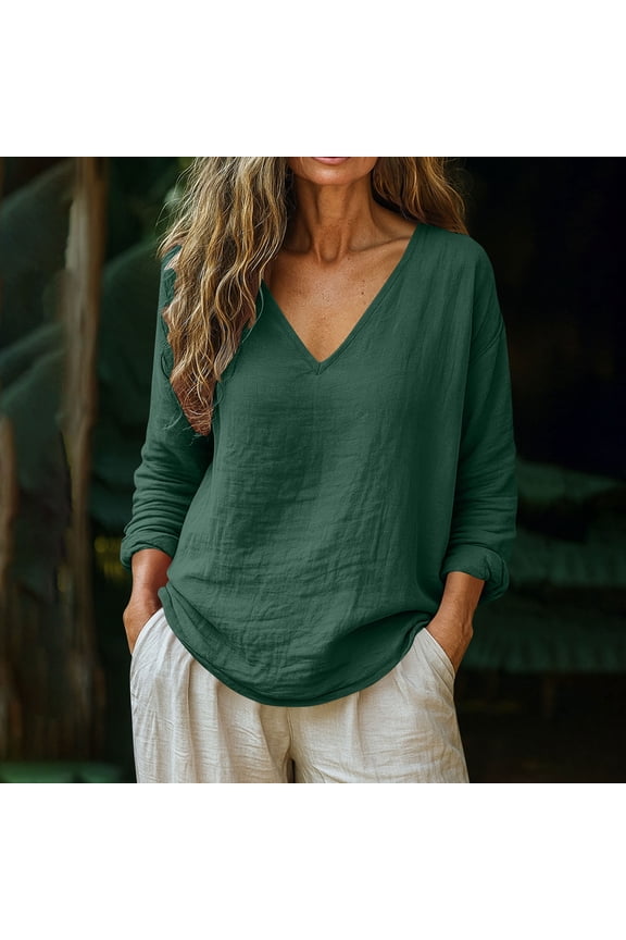 Cotton Linen T-Shirts for Women Casual Long Sleeve V Neck Flowy Tunic Tops Dressy Summer Loose Fitted Fashion Tees Blouses