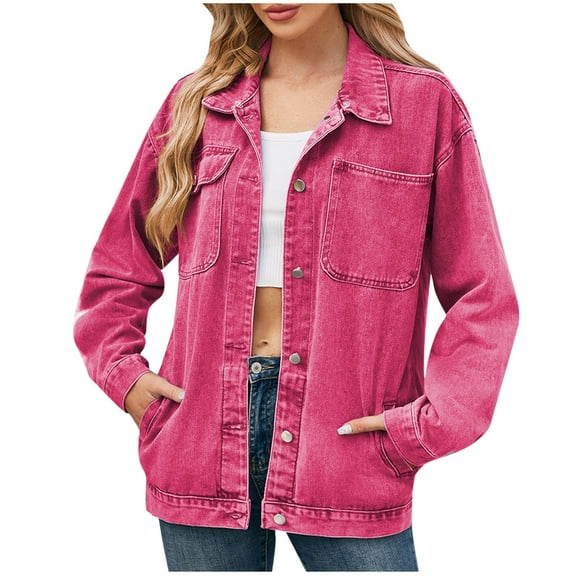 Dealovy Denim Jackets for Women Trendy Oversized Button down Jacket Long Sleeve Jean Biker Coat