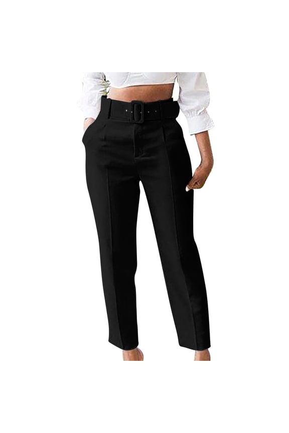 Dress Pants Women High Waist Loose Fitting Trousers Casual Solid Color Full Length Belted Pants with Pockets